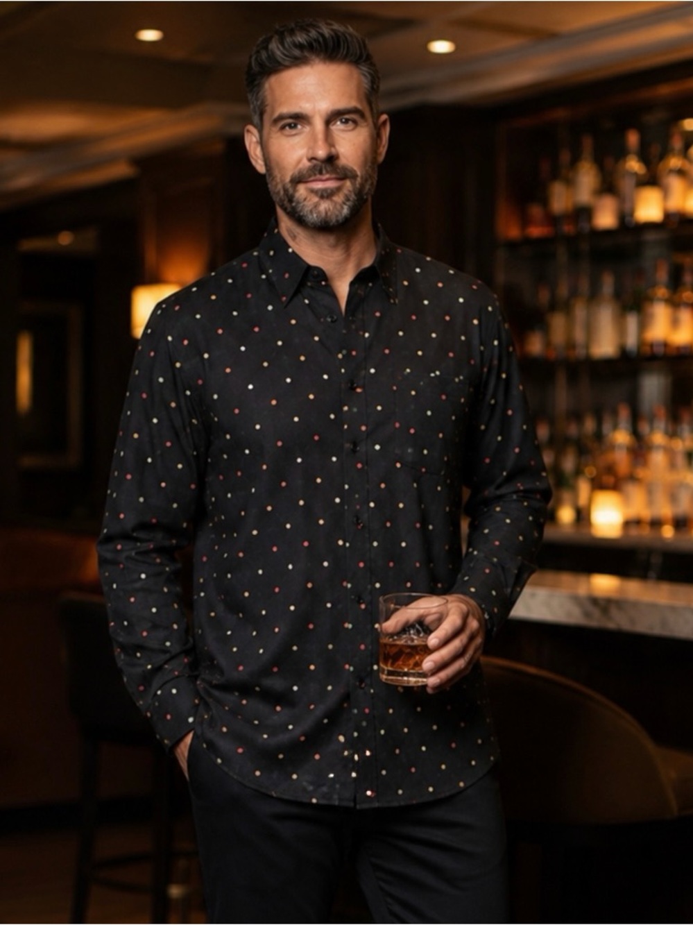 Riscatto Men’s XL Black Multicolor Dot Button Front Shirt Modern Fit Casual